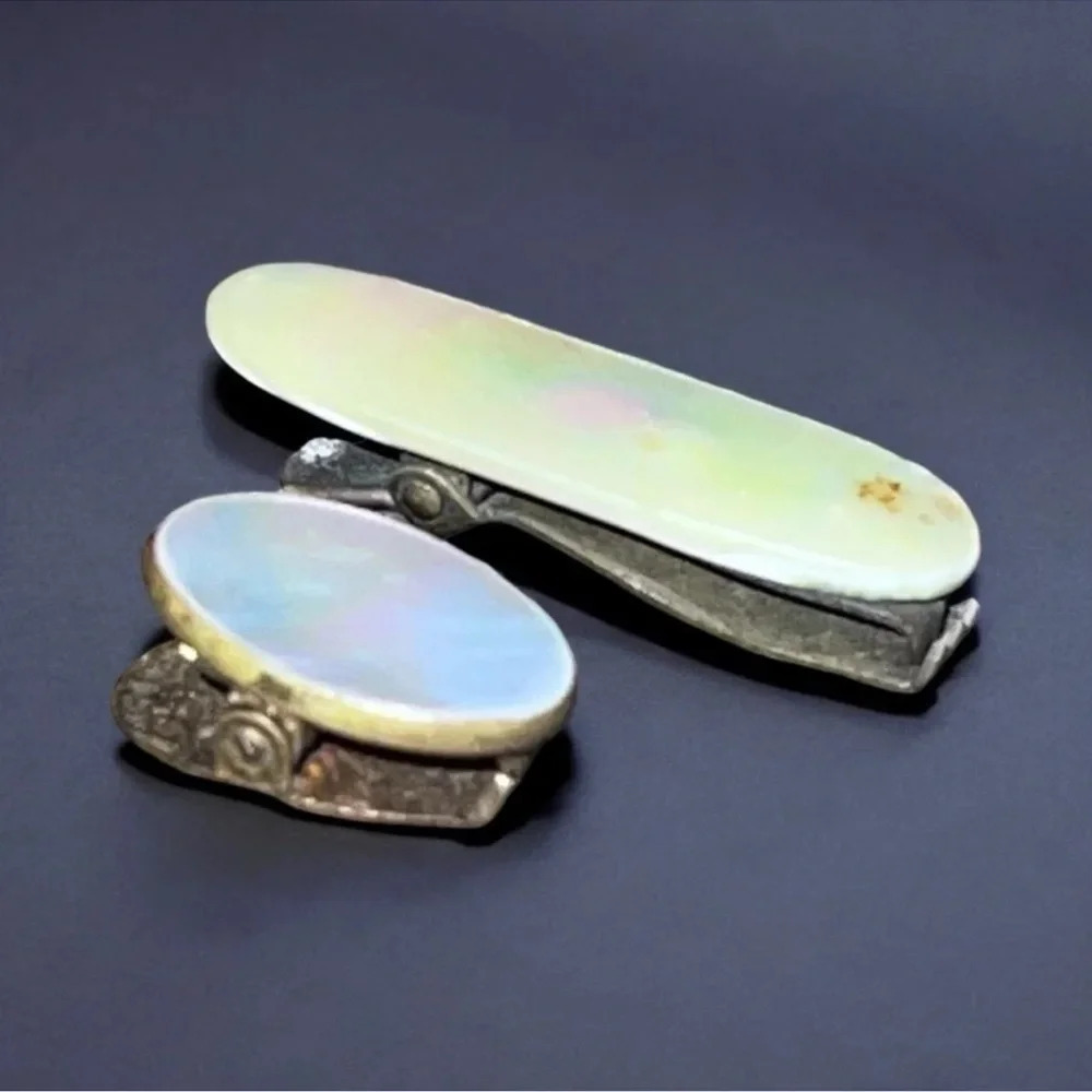 Vintage Mother of Pearl Gold Tone Dress Clip Hair Barrette Tie Clip Set of 2 - Picture 4 of 6